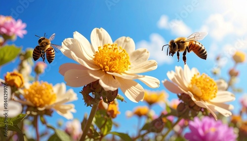 Bees buzzing around white and yellow flowers in bright sunlight