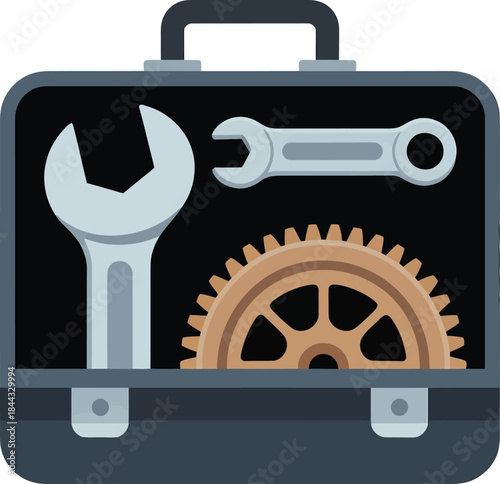 Open toolbox vector icon showing two wrenches and a mechanical gear for repair and maintenance services