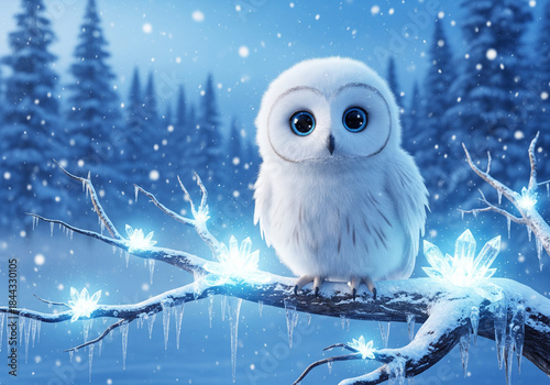 Cute 3D cartoon white owl sitting on a snowy branch with glowing ice crystals in a winter forest.