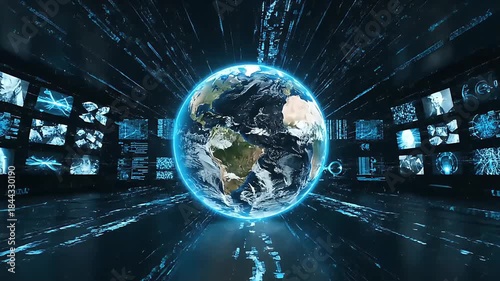 Global communication network surrounding a glowing Earth planet symbolizing worldwide connectivity digitalization and future technology