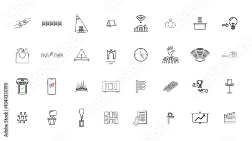 A large collection of hand drawn doodle icons for business technology and lifestyle concepts