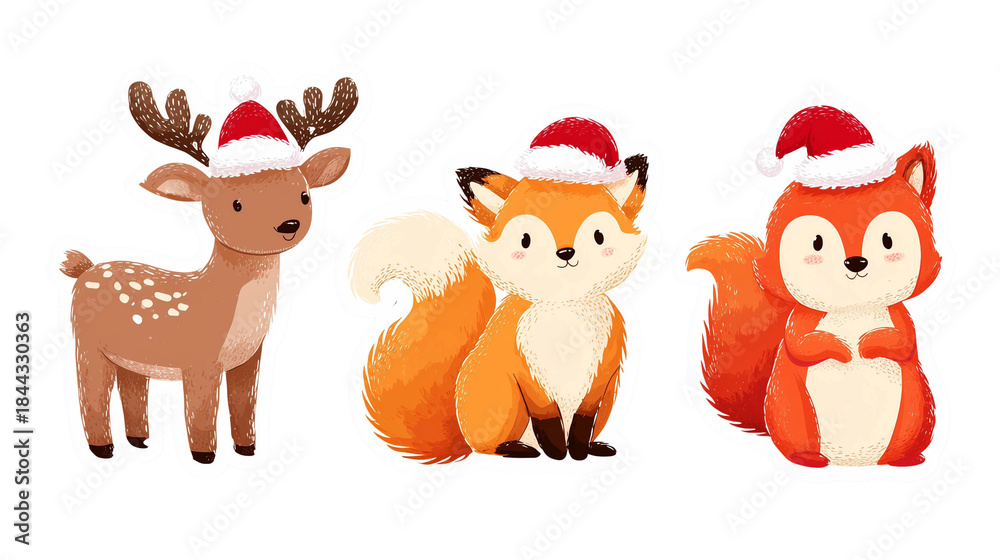 Fototapeta premium stickers of christmas forest animals: a deer, a fox, and a squirrel wearing santa hats. cartoon style, with cute animals for t-shirt design in white color, isolated on transparent background. Design e