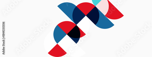 Abstract geometric shapes overlap. Red, blue, pink hues dominate white background. Modern design elements present.