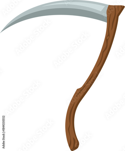 Scythe vector icon with a curved silver blade and rustic wooden handle for agricultural purposes
