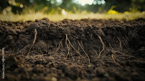Closeup of soil displaying roots in an outdoor environment