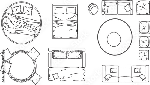 Top-down architectural drawings and furniture layouts for interior design planning and home renovation projects