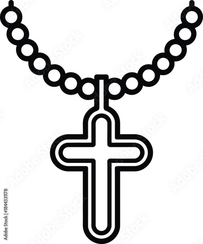 Traditional white outline vector rosary with beads and cross symbol representing religious faith, prayer, and spirituality.