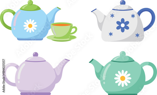 Colorful floral teapot and teacup set illustration featuring pastel designs, daisies, simple shapes, and modern kitchenware perfect for crafting, stickers, packaging, and digital creative projects
