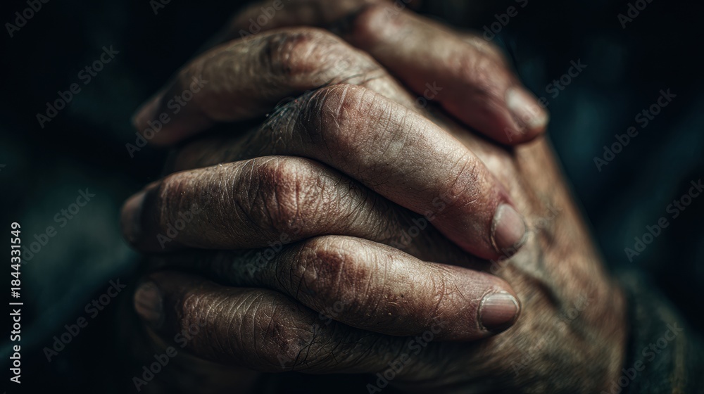 Fototapeta premium Close-up of elderly hands clasped together, conveying wisdom and experience.