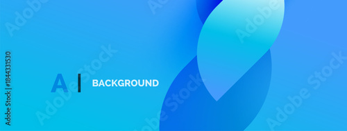 Bright blue background features abstract shapes, text AI BACKGROUND. Gradient colors create modern visual effect. Simple design.