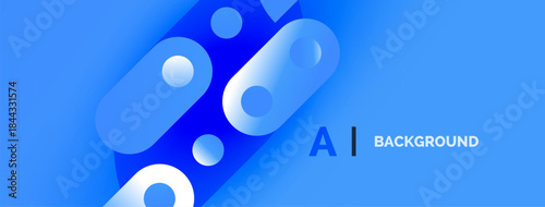 Abstract blue shapes overlap, creating dynamic visual effect. Gradient background suggests technology, innovation, modern design. Text reads AI BACKGROUND.