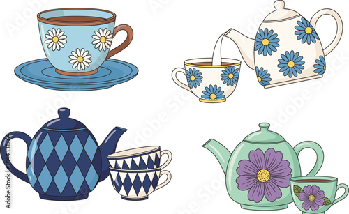 Floral and patterned teapot and teacup set illustration featuring daisies, geometric designs, pastel colors, and whimsical kitchenware perfect for crafting, packaging, digital projects, and home décor