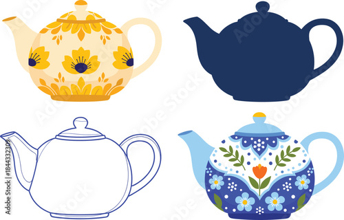 Decorative floral teapot collection with colorful vintage patterns, outlined kettle design, minimalist silhouette style, perfect for kitchen decor, packaging, crafts and digital illustration projects