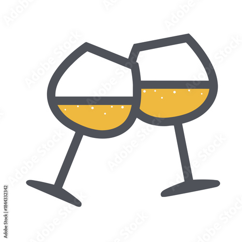Two wine glasses clinking together, flat vector illustration. Perfect for celebration, party or drink related designs. Minimalist style icon.