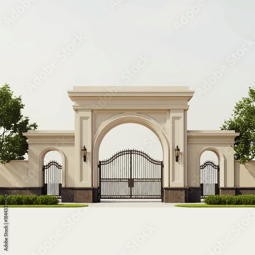 Grand Entrance Gate with Archways and Landscaping