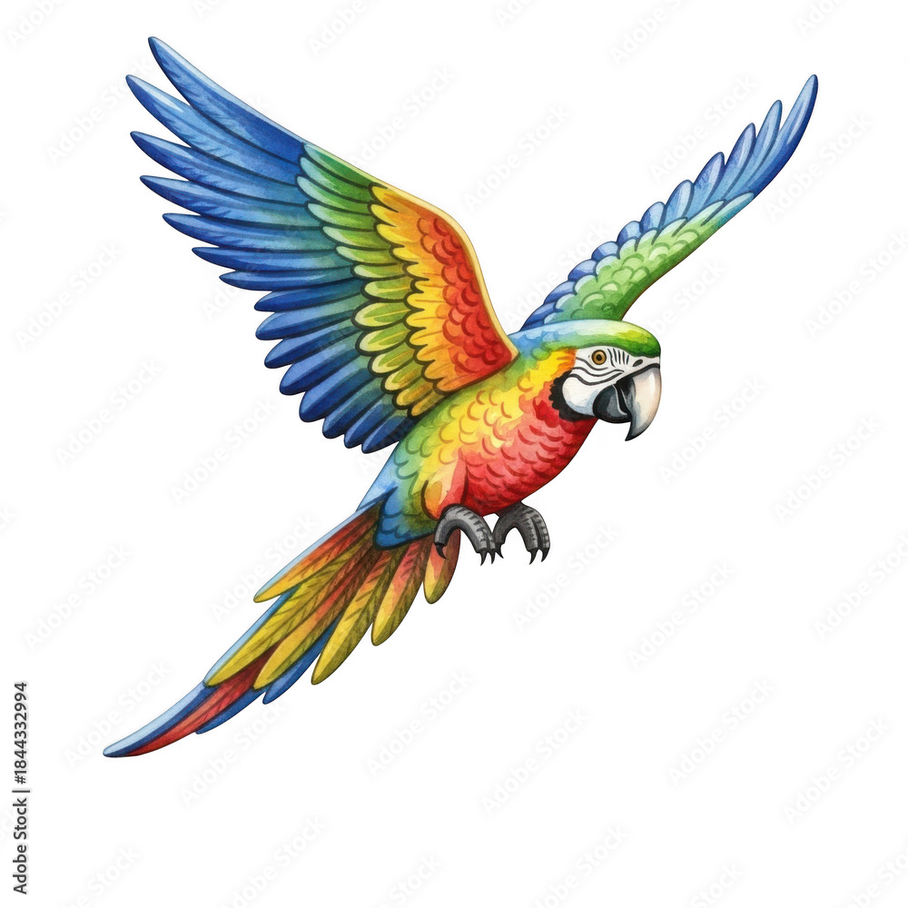Obraz premium Watercolor Vibrant parrot in flight isolated on a transparent background