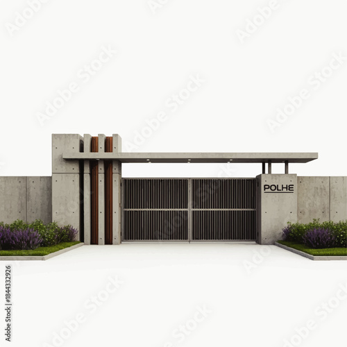 Modern Concrete and Wood Gate with Purple Flowers and 'POLHE' Signage