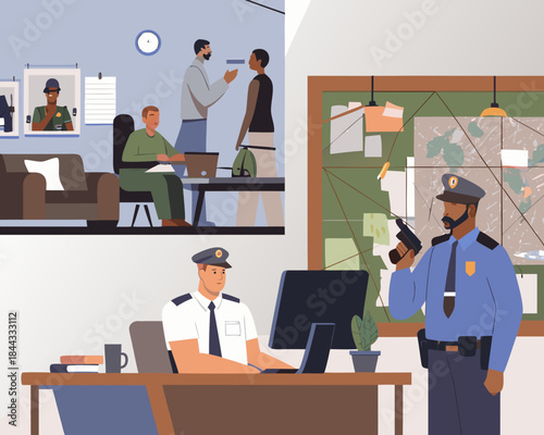 Police investigation scene officers interviewing suspect and analyzing evidence indoors