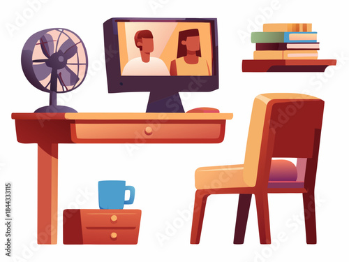 A cozy home office setup featuring a computer fan and books