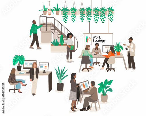 Modern office space with collaborative work areas and abundant plant life