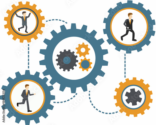 Business process with people icons integrated within interconnected gear mechanisms