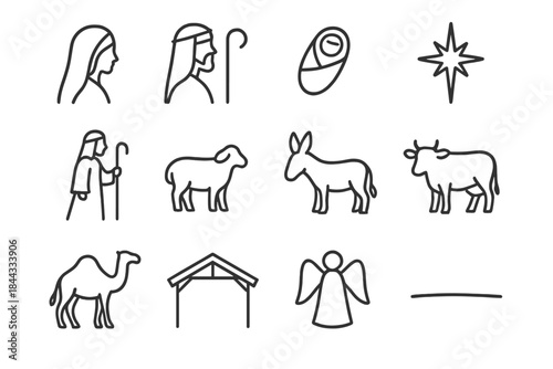 Nativity Silhouette Icons. Christmas nativity scene silhouette. Line outline icon set of Christmas nativity