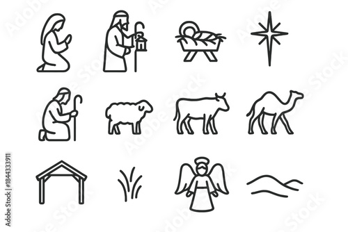 Nativity Scene Icons. Christmas nativity scene silhouette. Line outline icon set of Christmas nativity scene