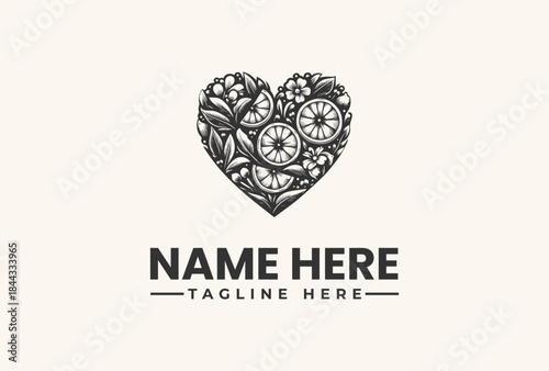 A black and white illustration of a heart-shaped logo with floral patterns and clockwork mechanisms on a beige background, with a placeholder text for a name and tagline.