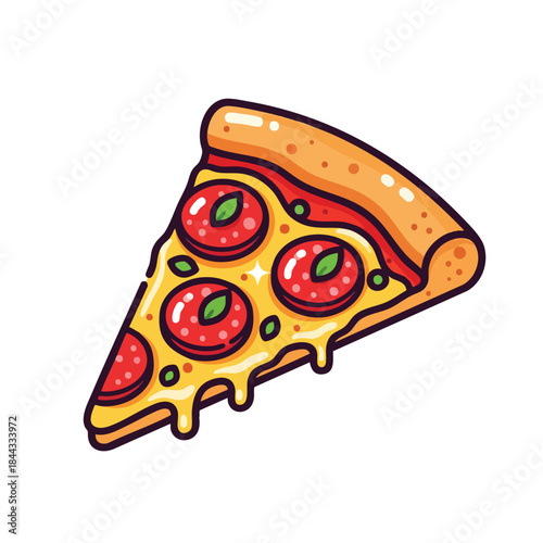 A cartoon slice of pizza with melted cheese, pepperoni, and basil