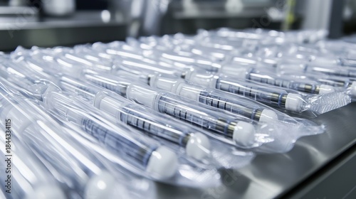 Rows of individually wrapped medical thermometers for sterile health monitoring in a clean production environment