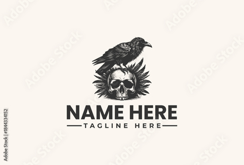 A black vector illustration of a crow perched on a skull with sunburst design elements and placeholder text for a logo or brand name on a plain background.