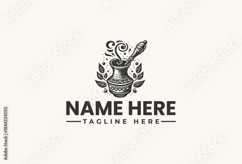 A vector logo illustration featuring a mortar and pestle surrounded by leaves and decorative swirls on a clean white background with a placeholder name and tagline.