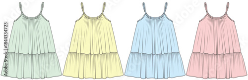 baby girls sleeveless spaghetti strap dress flat sketch infant, toddler summer dress vector illustration technical cad drawing template