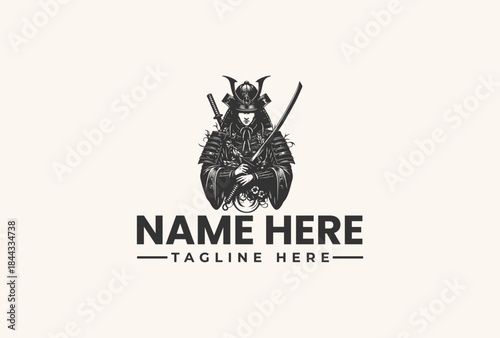 A vector illustration of a samurai warrior logo with a customizable name and tagline on a plain background.