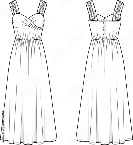 Long maxi dress with ruched straps gathered waist draped bodice button back summer fashion flat vector technical sketch elegant silhouette