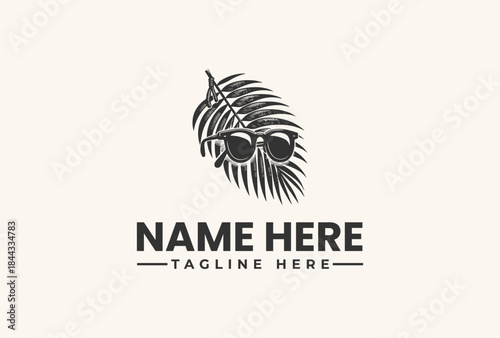 A black and white illustration of a palm leaf with sunglasses and placeholder text for a name and tagline on a plain beige background, featuring a modern vector logo design.