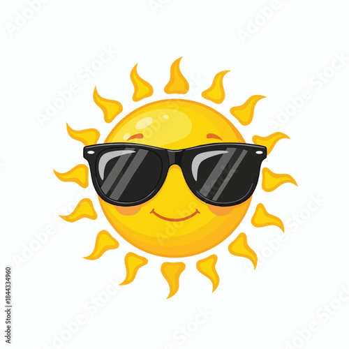 A smiling, cartoon sun wearing black sunglasses with ray-like protrusions