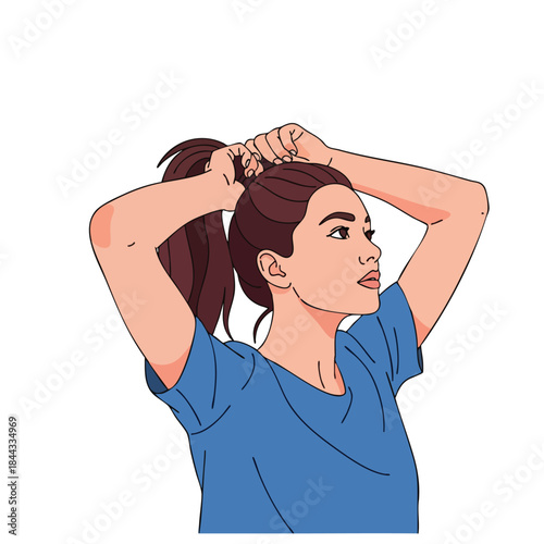 An illustration of a woman in a blue shirt with dark hair putting up into a ponytail