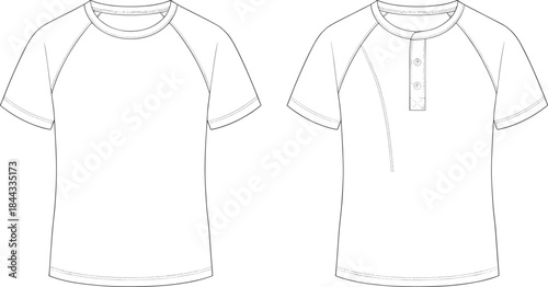 Raglan short sleeve Henley T shirt men fashion flat crew neck button placket top technical sketch vector template design