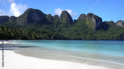 A serene tropical beach scene featuring pristine white sand and azure waters. the backdrop consists of lush green cliffs under a clear blue sky, offering a tranquil and picturesque setting, ideal for 