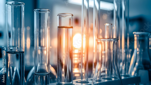 Laboratory test tubes in a science lab setting with lighting effects