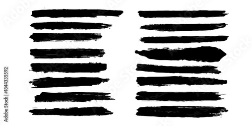 A vector set of black grunge ink splashes and paint brush strokes creating a dirty texture border design element