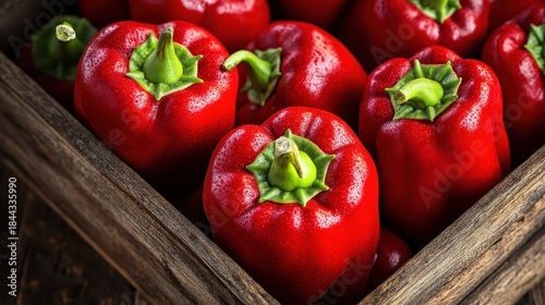 Sun ripened red bell peppers inside a wooden crate