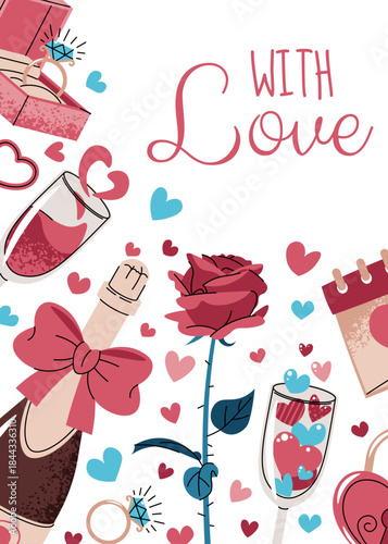 Valentine's Day Card Template with Champagne Bottle, Glasses, Rose, Hearts and Romantic Text in Flat Style. Anniversary Toast, Wedding Celebration. Perfect for Banner, Menu, Poster, Social Media.