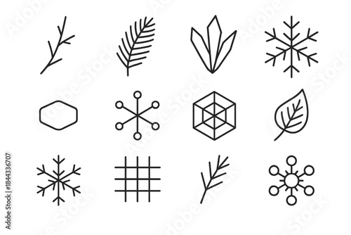 Ice Microstructure Icons. Frozen fractal icons. Line outline icon set of Frozen fractal icons: fractal