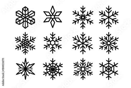 Snowflake Geometry Icons. Ice microstructures. Line outline icon set of Ice microstructures: tine branch,