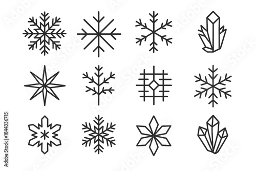 Crystalline Winter Icon Set. Crystalline winter forms. Line outline icon set of Crystalline winter forms: