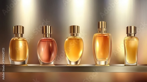 Three Glass Perfume Bottles Displayed on a Golden Shelf
