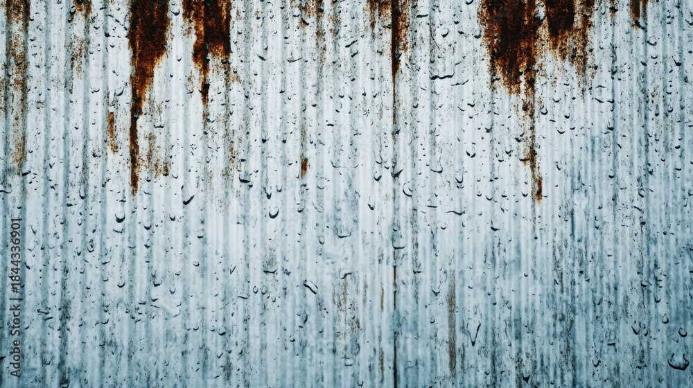Obraz premium Torrents of rain lash against a heavily rusted and weathered corrugated metal surface with numerous water drops adhering to the texture