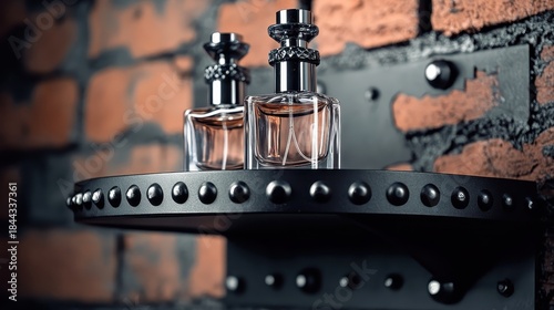 Two perfume bottles on a black metal shelf against a brick wall